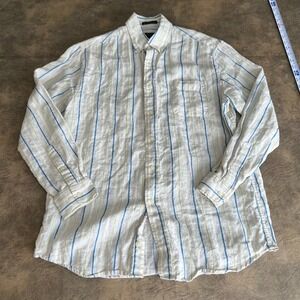W.H. Belk Linen Button Down Shirt Mens Large White Blue Striped Long Sleeve